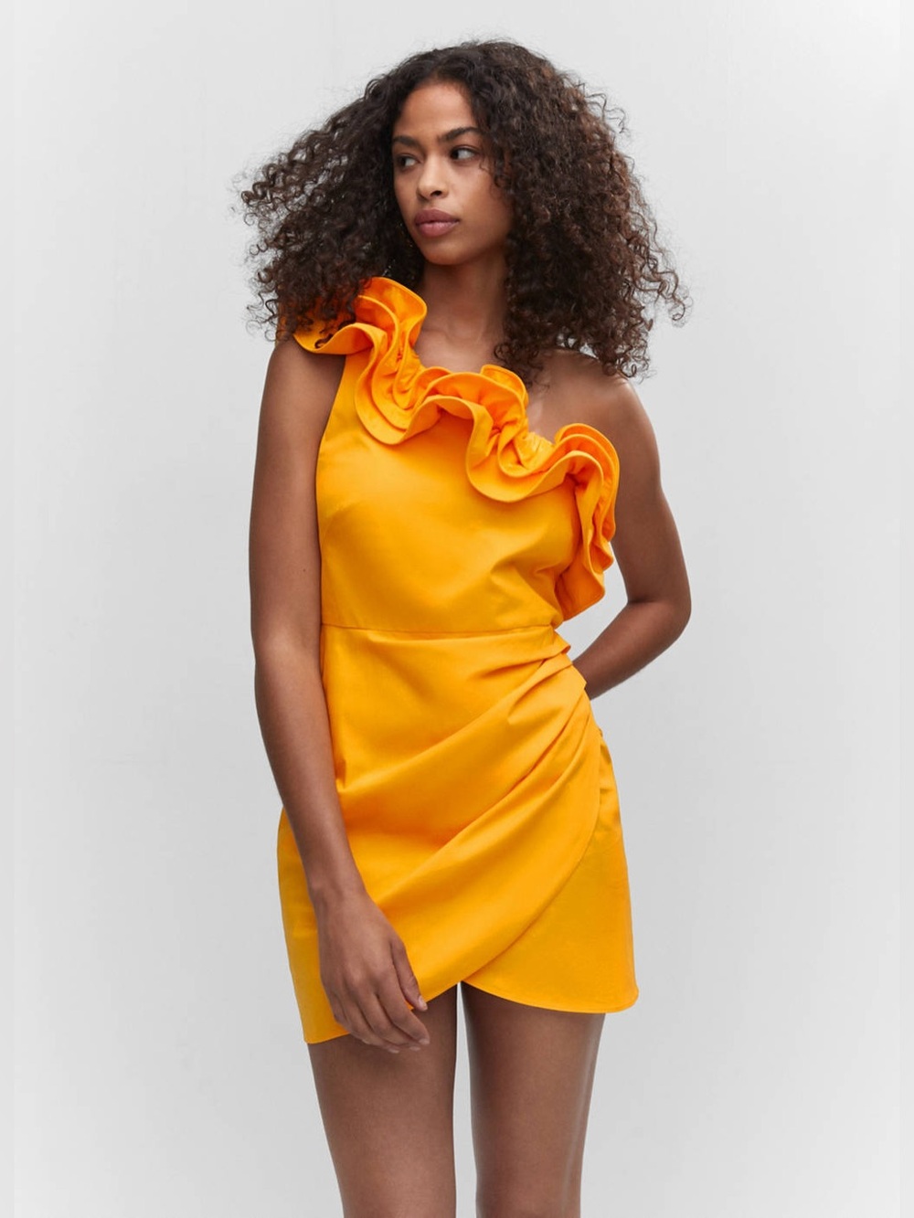 Mango One-Shoulder Ruffle Mini Dress in Orange